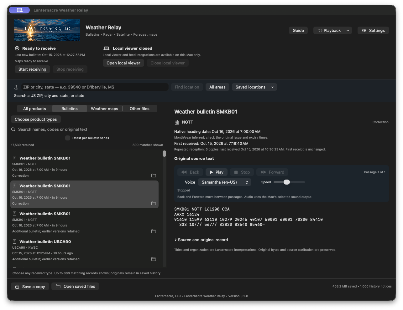 Weather Relay on Mac showing a selected weather bulletin, original source text, receipt history, and playback controls