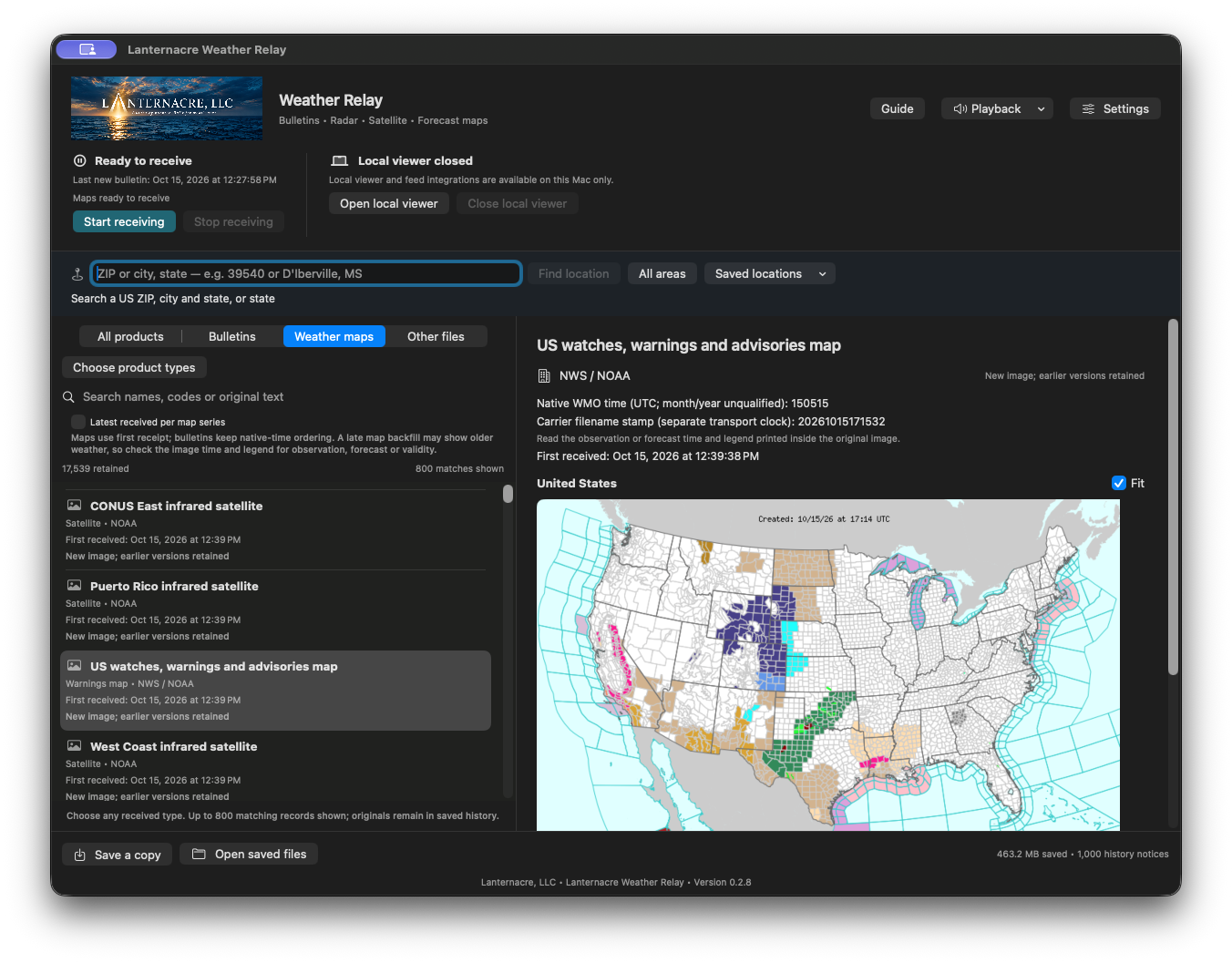 Weather Relay on Mac showing the United States watches, warnings and advisories map from NWS NOAA