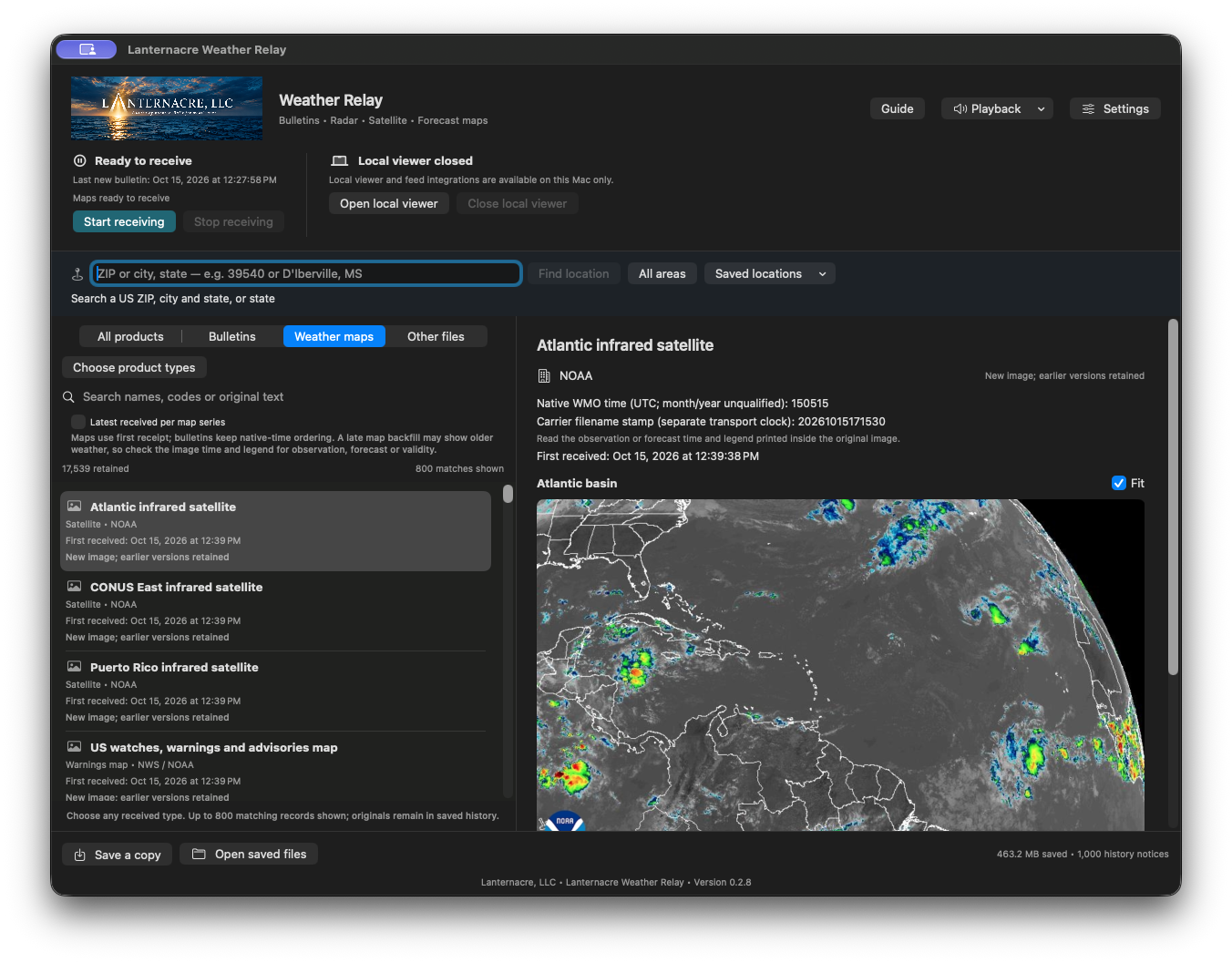 Weather Relay on Mac showing an Atlantic infrared satellite image received from NOAA